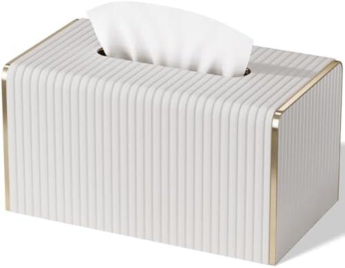 Extra Large Tissue Box Cover for Standard Size 180 to 230 Count Box of Tissues, PU Leather Rectangle Tissue Holder with Magnetic Closure， Gold-Tone Edging Decoration (Ivory)