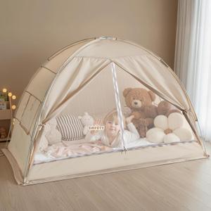 Alvantor Bed Tent Twin Size, Blackout Privacy Sleep Tent for Kids and Adults, Mesh Indoor Floor Tent with Zippered Doors, Easy Setup & Portable Bed Canopy for Bedroom and Travel 39W x 75L (Beige)