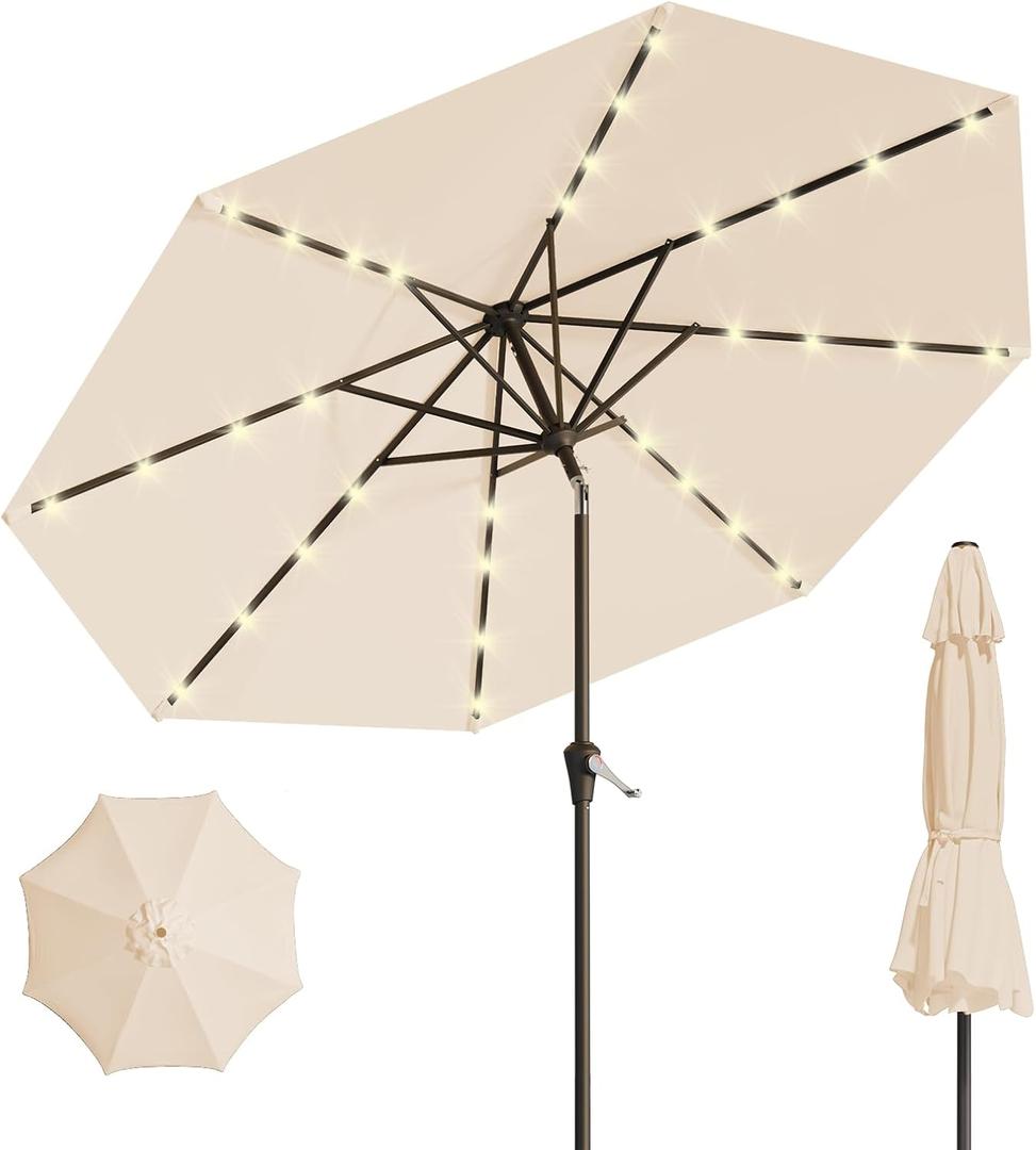 9FT Solar Umbrella 32 LED Lighted Patio Umbrella Table Market Umbrella w/Tilt and Crank, UV-Resistant Outdoor Umbrella for Pool, Garden, Deck, Beige