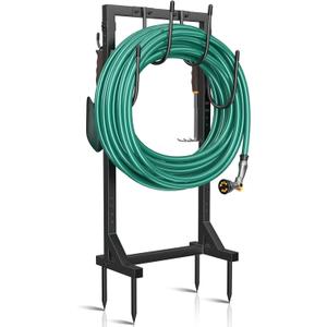 Garden Hose Holder Water Hose Holder with 4 Spikes, Freestanding Hose Hanger Outdoor Hold Stand Heavy Duty 6 Hooks Metal Garden Hose Storage Hose Reel Rack for Outside (Black)