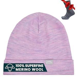 100% Merino Wool Beanie for Women, Men - Set Adult Skull Cap 17.5um & Socks (Heather Lilac, Small-Medium)