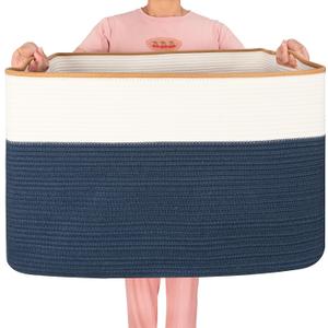 MINTWOOD Design 112L Extra Large Blanket Basket Holder Living Room, 25"x17"x16" Rectangle Rope Woven Storage Basket with Handles for Laundry, Towels, Shoes, Dog Toy Organizer Bin Box, Prussian Blue