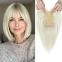 REECHO Human Hair Toppers with Bangs, Thick Hair Volume Topper Hairpiece for Women Real Human Hair Extensions for Daily Wear, Yellow White