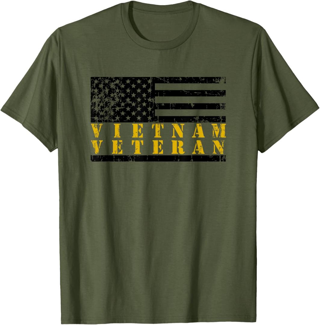 Vietnam Veteran Yellow Text Distressed American Flag T-Shirt Small
