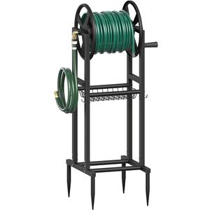 Freestanding Garden Hose Reel holds 125ft Hose of 5/8" with 4 Hooks, 4-Spike Outdoor Hose Holder with 3.9ft Leader Hose & Brass Fitting, Detachable Metal Hose Stand with Storage Rack, Black
