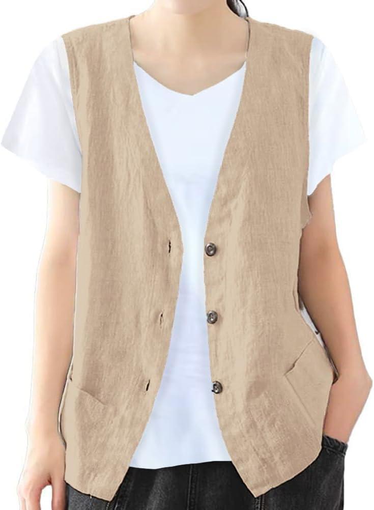 IDEALSANXUN Womens Cotton Linen Vest Casual Sleeveless Blazer Cardigans Lightweight Jacket Waistcoat (Large, Khaki)