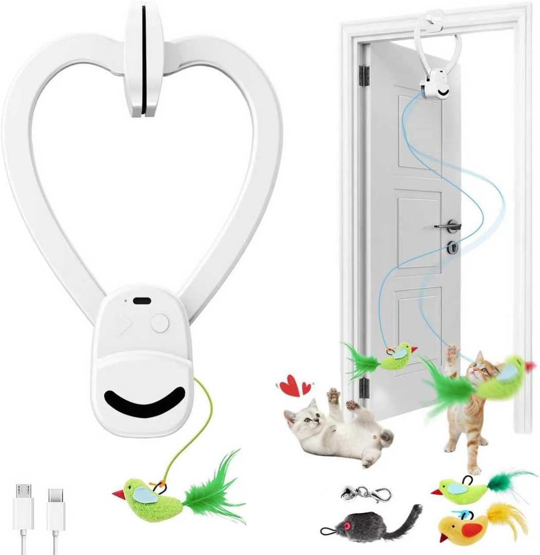 Interactive Cat Toys for Indoor Cats Automatic Electric Flying Bird Feather Mouse Toy - Best Kitten & Adult Cat Enrichment Mouse cat Toy Hanging Electric Kitty Toys for Bored Cats (Medium, White)
