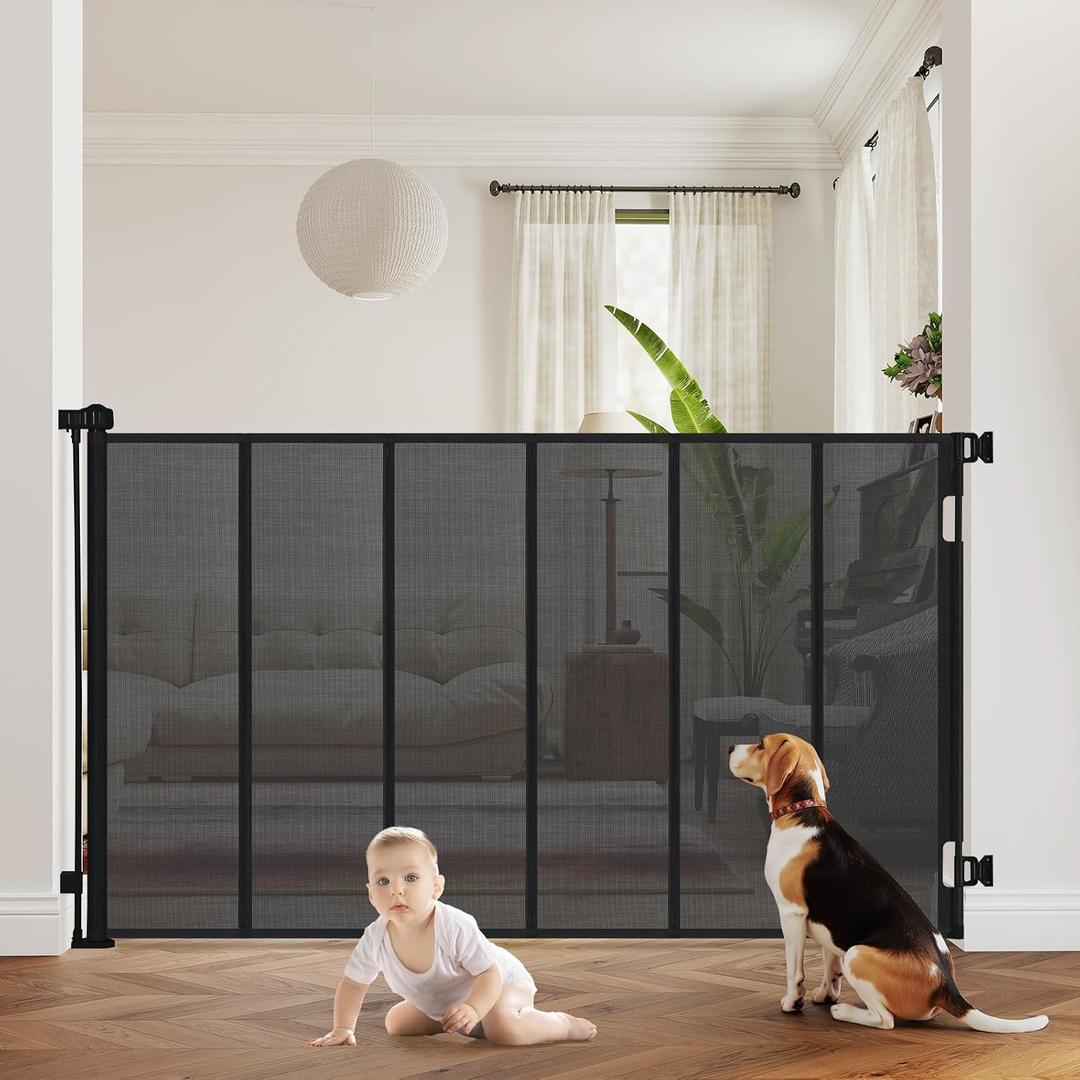 47 Extra Tall Retractable Baby Gate, Reinforced Mesh Dog Gate Extends to 71" Wide, Baby Gate for Stairs, Doorways, Hallways, Indoor and Outdoor, Black