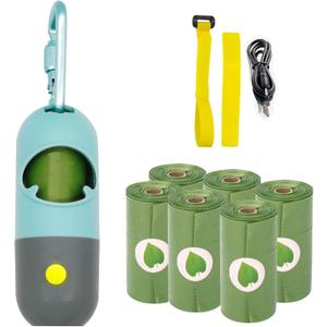 Dog Poop Bag Holder with 7 Rolls of Green Dog Waste Bags Poop Bag Holder with Rechargable Battery and USB Cable Poop Bag Dispenser with LED Flashlight (Blue)