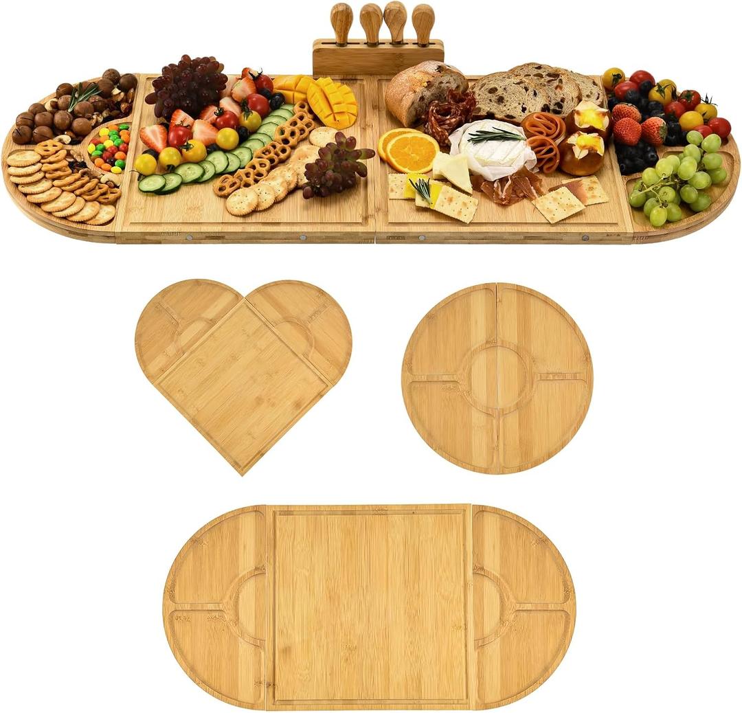 GLOKUUCA Bamboo Charcuterie Boards and Knife Set, 4 in 1 Long & Round Magnetic Extra Large Cheese Platter - Gifts for House Warming New Home, Bridal Shower, Wedding