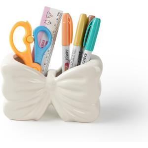 Bow Pencil Holder, Ceramic Pen Holder, Cute Pen Holder for Desk,Stand Makeup Brush Holder, for School, Home, Office Desk Decor (White)