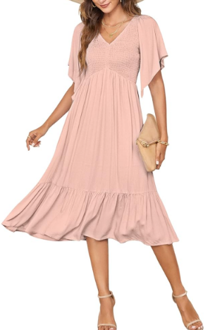 PYGFEMR Women's Summer Empire Waist Dress Smocked Flutter Short Sleeve V Neck Midi Dresses, XL