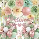 Dusty Pink Sage Green Baby Shower Decorations - Welcome Baby Girl Banner, Retro Pink Green Rosegold Balloons, 'Oh Baby' Cake Topper, Pom Poms Flowers Paper Fan For Birthday Jungle Woodland Party