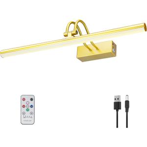 Picture Light, Picture Lights for Wall Cordless, 20inch Battery Operated Wall Lights with Timer and Dimmable, Rechargeable Metal Picture Lights for Display Gallery Painting Art Frame Portrait - Gold