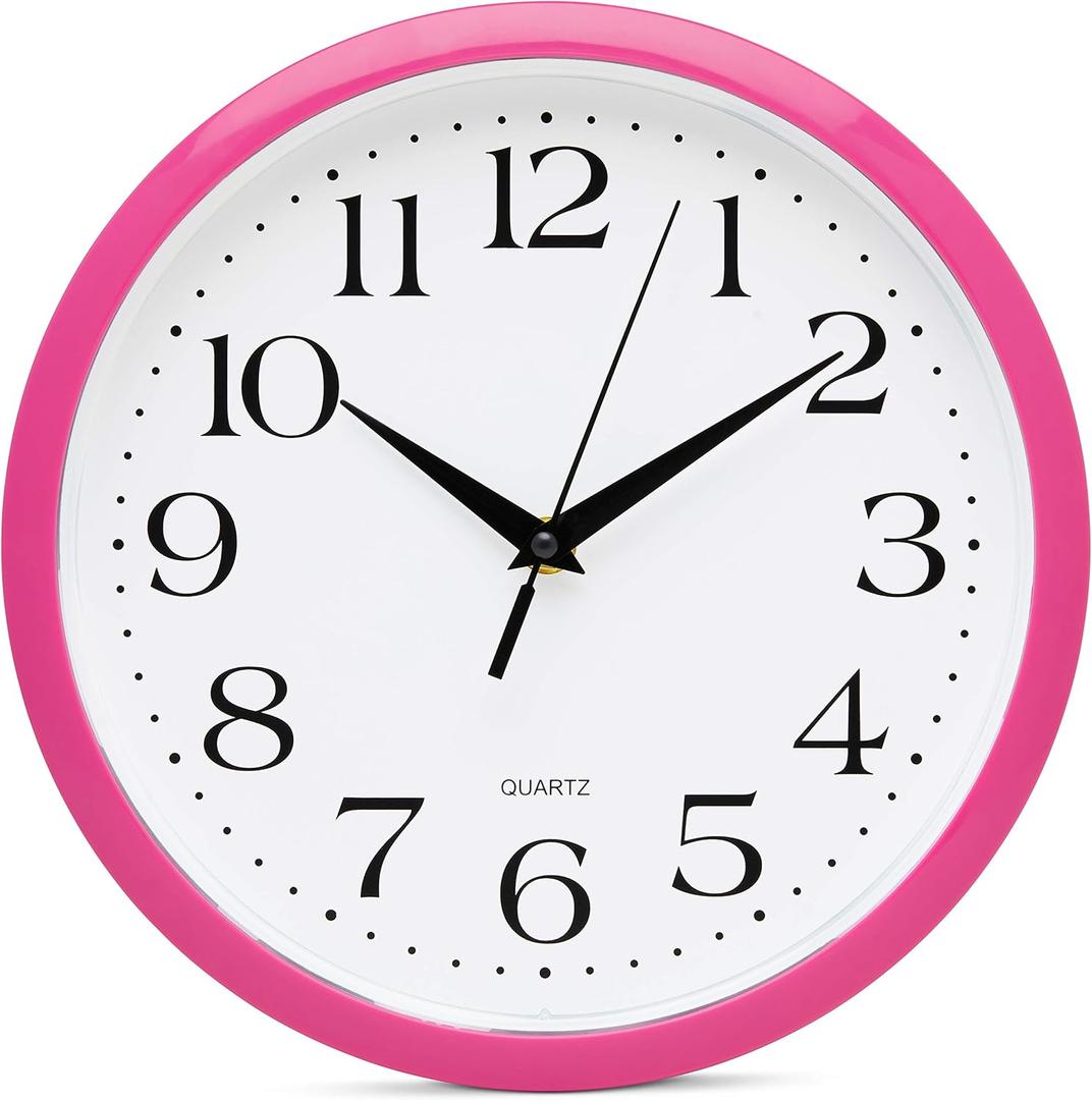 Bernhard Products Pink Wall Clock 10 Inch Silent Non Ticking Battery Operated Quality Quartz Round Easy to Read Home/Office/Kitchen/Nursery/Girl's Bedroom/Classroom/Kids Playroom/School Clock