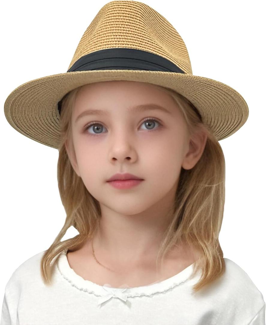 Jastore Little Kids Girls Boys Summer Fedora Straw Hat Wide Brim Floppy Beach Sun Visor Hat (6-9 Years, Style B-khaki)