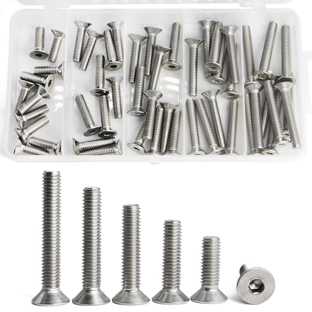 M5 x 20mm 25mm 30mm 35mm 40mm Flat Head Hex Socket Cap Screws Countersunk Bolts, 304 Stainless Steel, Fully Threaded, Bright Finish, Metric Allen Hex Drive, Assortment Kit 50PCS