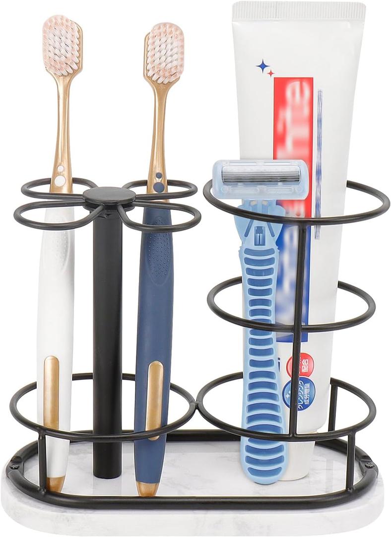 HarJue Toothbrush Holder Stand for Bathroom, Metal Toothbrush Organizer with Marble Base, Toothbrush Storage Collection for Family, Suitable for Home Hotel Countertop Vanity (Medium, Matte Black)