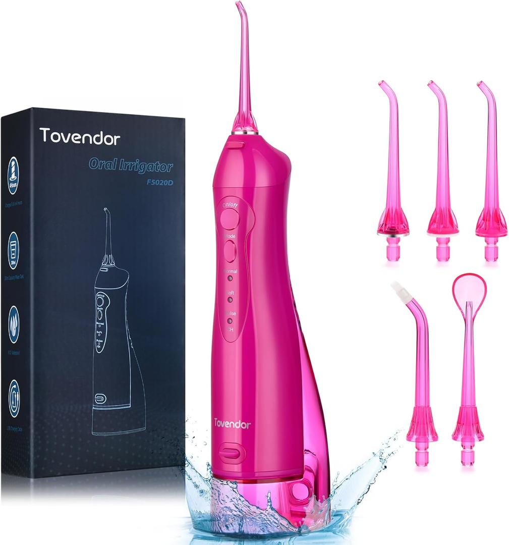 TOVENDOR Electric Water Dental Flosser Teeth Pick, Cordless Flossers Oral Irrigator IPX7 Waterproof 300ML Rechargeable Travel Water Teeth Cleaner with 5 Tips for Home Braces Care Gums Deep Cleaning (Rose Red)