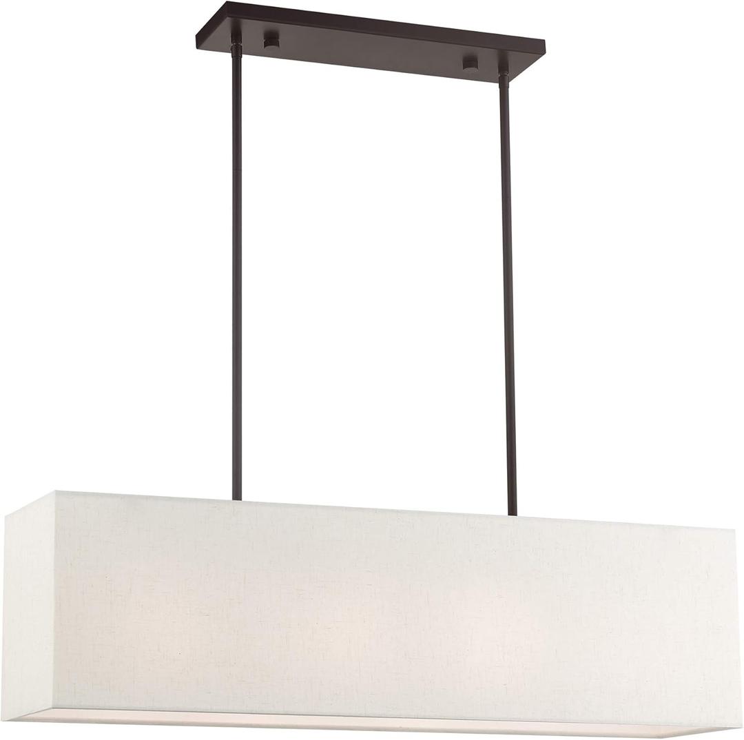 Livex Lighting 41156-92 Summit English Collection 4-Light Linear Chandelier with Oatmeal and White Fabric Hardback Shade, Bronze, 11.50x36.00x8.50