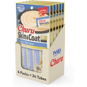 INABA Churu Lickable Pure Natural Cat Treats for Skin and Coat with Omega Oils, Taurine and Vitamin E, 0.5 Ounces Each, 24 Tubes (Four Per Package), Tuna Recipe BBD: 11/27/25