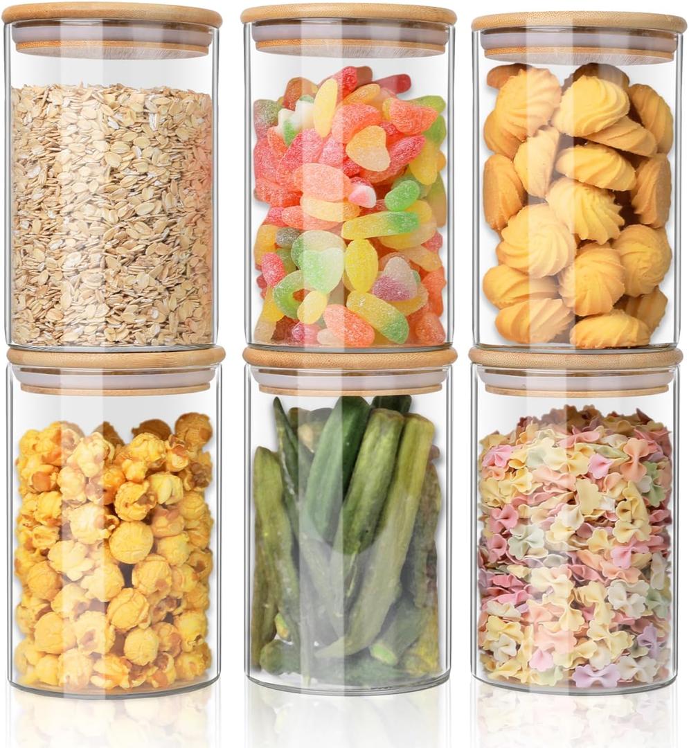 YUNCANG Glass Food Storage Jars 37oz [Set of 6],Clear Glass Food Storage Containers with Airtight Bamboo Lid Stackable Kitchen Canisters for Candy, Cookie, Rice, Sugar, Flour, Pasta