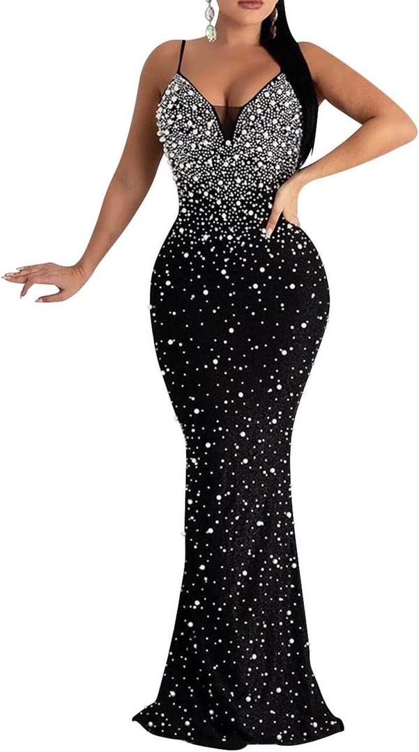 Lrady Womens Formal Dress Glitter Rhinestones Sexy Sheer Mesh Party Bodycon Wedding Formal Evening Cocktail Long Dress, Z1 Black, X-Large