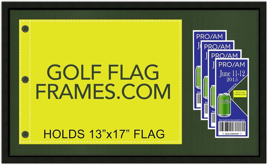16x27 Black Golf Flag and Ticket Frame, Moulding blk-001, Reversible Green-Black Mat (holds 13x17 Masters Golf Flags; flag-tickets not incl)