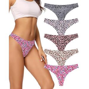 voenxe Seamless Thongs for Women No Show Thong Underwear Women 5-10 Pack (G-5 Pack Leopard Print, Small)