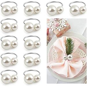 Kesote Pearl Napkin Rings Set of 12, Silver Napkin Ring Holders for Formal or Casual Dinning Table Decor