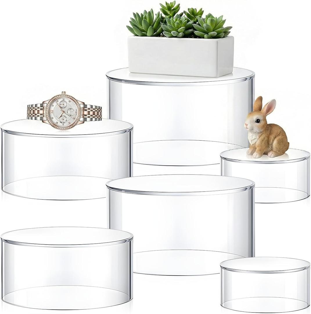 6 Pcs Acrylic Risers for Display Stands, 3 Sizes 5.91'' 5.12'' 3.54'', Round Nesting Pedestal Stands with Hollow Bottom, Round Acrylic Cylinder Display Stand for Jewelry Dessert Show
