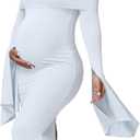 Women's Maternity Long Sleeve Off Shoulder Pregnancy Photography Dress for Baby Shower Photoshoot Party (White)
