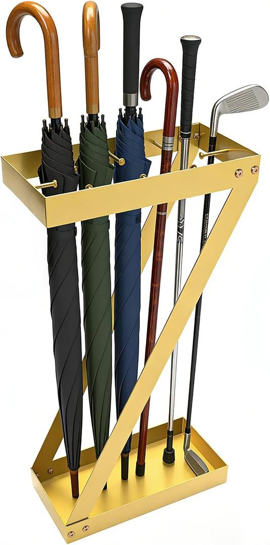 Umbrella Holder for Entryway, Gold Indoor Umbrella Stand with Hooks,Metal Umbrella Storage Rack Ideal for Home Office Hotel Lobby
