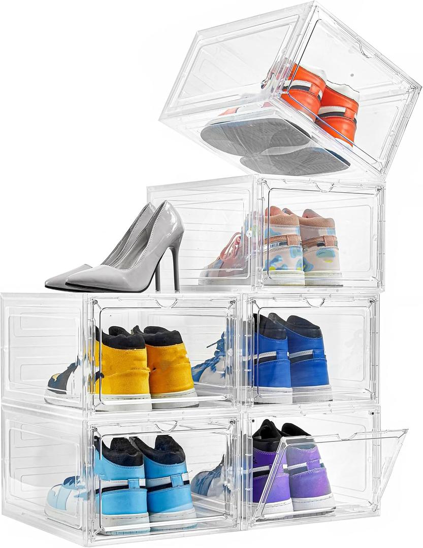 Attelite Shoe Box Organizer,Set of 6,Stackable Plastic Shoe Box with Clear Door, Shoe Storage Box Containers,For Display Sneakers,Easy Assembly,Fit up to US Size 12(13.4x 10.6x 7.4) (XL-6-pcs)