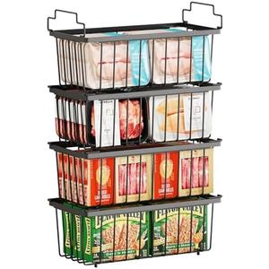 4 Pack Freezer Organizer Bins(14.6‘’L X 7.1‘’W X 5.2‘’H) for 7 Cu.FT Deep Ches Freezer Sort Frozen Meats | Stackablet Deep Freezer Organizer Bins Get Food Easily w/Handle(Black), Gifts Ideas for Mom