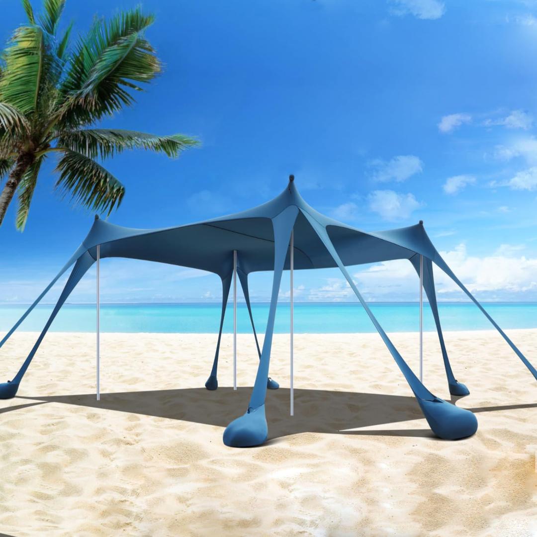 Beach Tent, UPF50+ Protection, 10 x 10ft Camping Sun Shelter with 8 Sandbags, Sand Shovel, Pegs, and Stability Poles-Ideal for Fishing, Backyard Fun & Picnics Shelters (Blue)