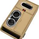 Car Armrest Cushion, High-End Feel Car Console Organizer Arm Rest Pad with 2 Cup Holders and Tissue Box, Center Console Storage Elbow Rest (Beige)