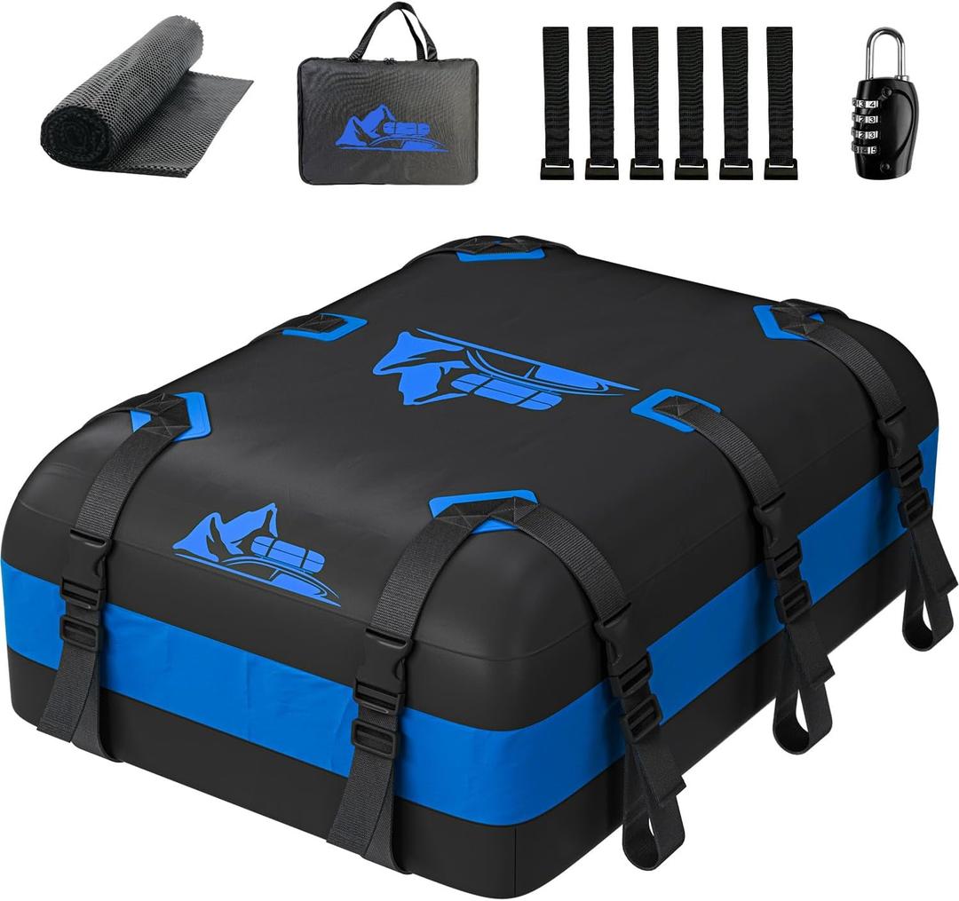 Car Rooftop Cargo Carrier Bag 20 Cubic Feet, 100% Waterproof Heavy Duty Car Roof Bag for All Vehicle with/Without Racks - Anti-Slip Mat, 6 Door Hooks, Storage Bags, 5CM Straps(Blue)