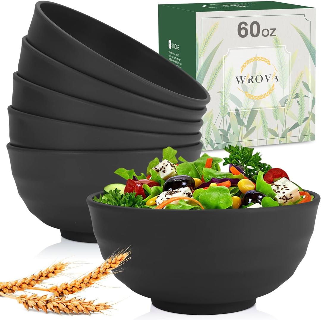 Wrova Wheat Straw Bowls Set 60 OZ Unbreakable Large Cereal Bowls Set of 6 Microwave and Dishwasher Safe Bowls Big Bowls for Camping and Picnic BPA Free Soup Bowl for Serving Oatmeal and Salad, Black