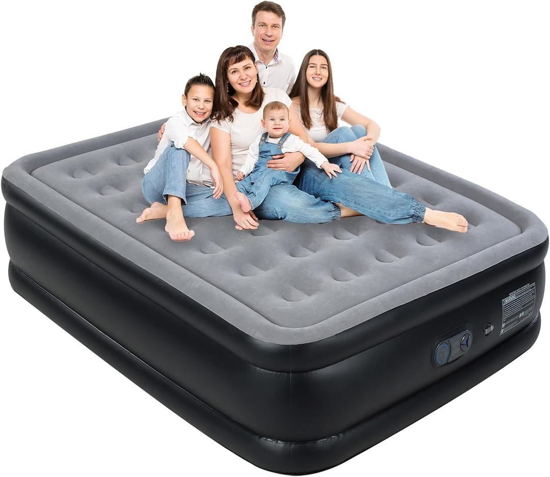 Queen Air Mattress with Built in Pump, Inflatable Mattress for Home, Blow up Air Bed 3 Min Quick Inflation and Deflation, Thin Velvet Top, 22'' Queen Size Gray (Stone Grey)