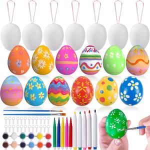 Max Fun 50 Pcs White Blank Easter Eggs Ornaments Bulk Decoration for Craft Hanging Plastic Artificial Eggs with Rope DIY Painting Decorating Basket Fillers Gift Easter Party Favors