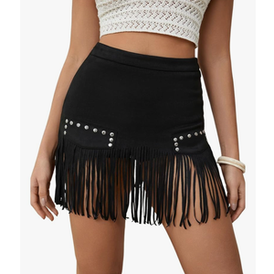 MakeMeChic Women's Faux Suede Fringe Hem Mini Skirt Studded Tassell Bodycon Short Skirts, No Size Mark