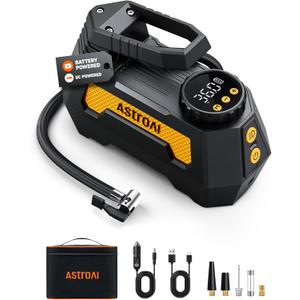 AstroAI H2 Pro Cordless Tire Inflator Portable Air Compressor Tire Pump with DC 12V & Battery Dual Power Supply Digital Pressure Gauge Fast Inflation Air Pump for Car Tires Motorcycles Bikes Yellow