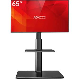 AOKCOS Floor TV Stand with 60-Degree Swivel, TV Floor Stand for 32-65 inch TVs up to 88lbs with Tilt, 8 Level Height Adjustable Tall TV Mount Stand with Shelf, Tempered Glass Base, MAX VESA 400x400mm