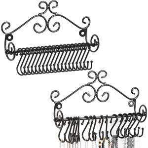 MyGift Necklace Holder Wall Mount, Set of 2 Jewelry Organizer - Black Metal Scrollwork Design Necklace Hanger Jewelry Display Storage Rack with 20 Hanging S-Hooks