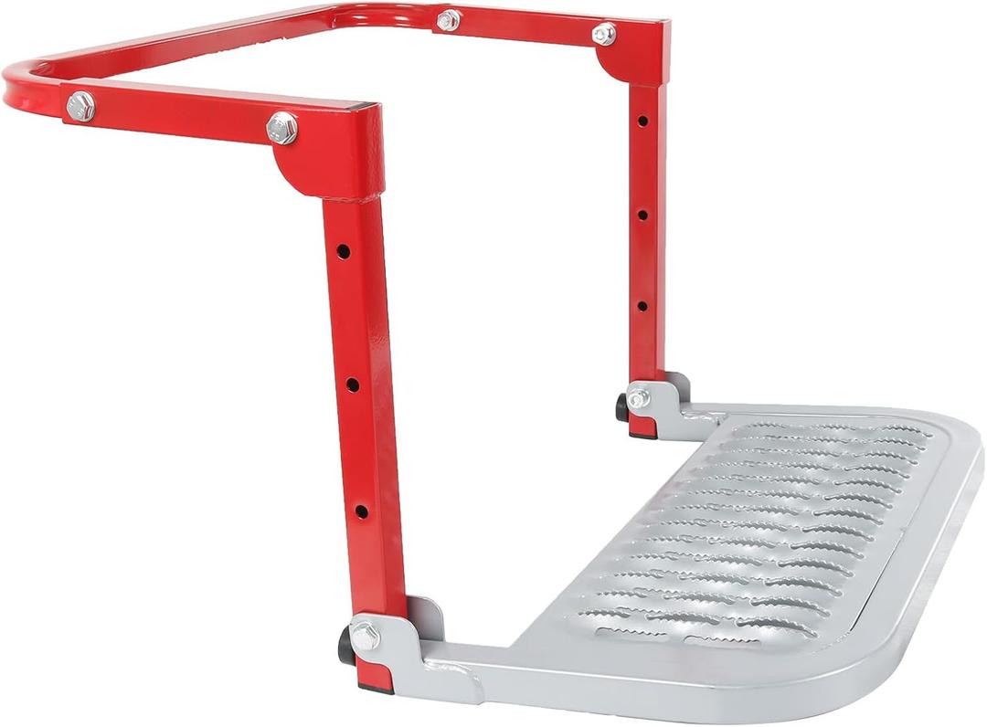 DICMIC Folding Heavy Duty Tire Step for Truck, SUV and RV Adjustable Tire Mounted Step Fit Most Tire from 10.2 to 14.4, Rated up to 300 Lbs, Shark Jaw Shape Non-Slip Design, Red