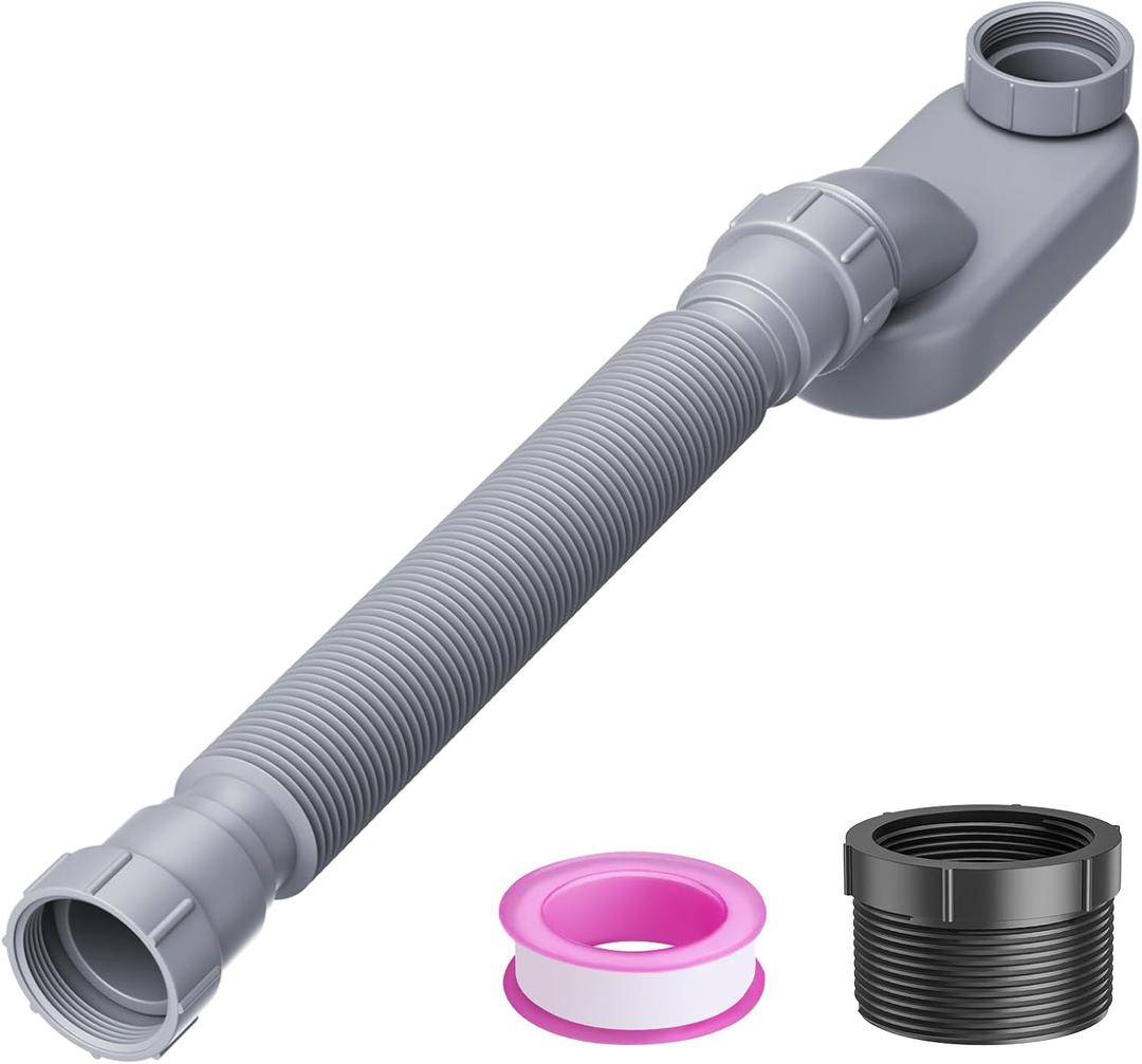 Low Profile Flexible Bathtub Shower Drain Pipe Kit - Flat P Trap for Freestanding Tub, 1 1/2 or 1 1/4 Inch (Gray)