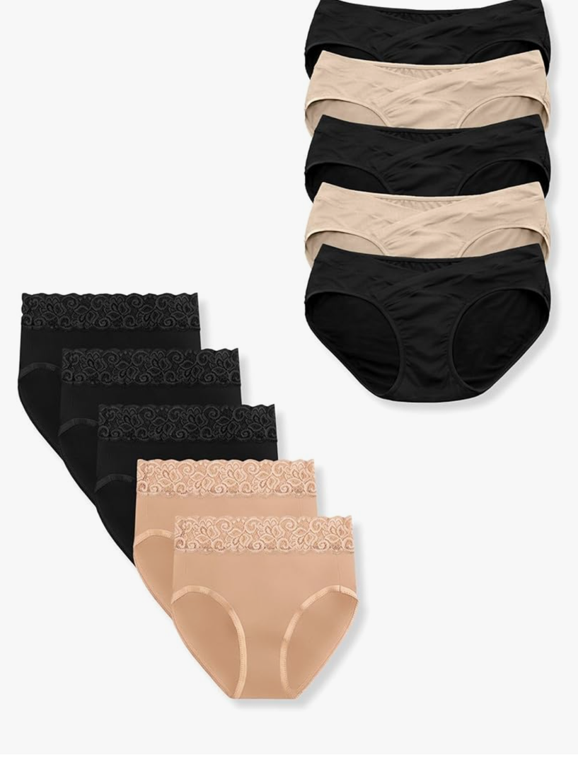 Postpartum Panty Underwear & Under the Bump Bikini Panty Underwear Bundle, 10 Pairs (Neutrals, Small)