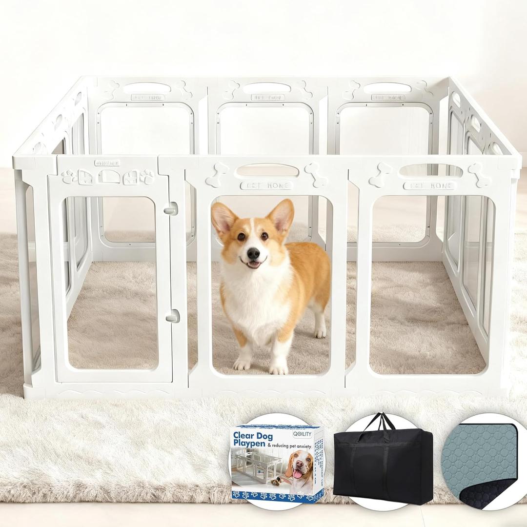 Clear Dog Playpen with Door - Height 24 Inch, 12 Panels - Reduces Indoor Puppy/Small Dog Anxiety, White