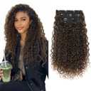 Clip in Hair Extensions, FLUFYMOOZ 4PC 100 Pure Protein Silk Hair Extensions Long Soft Natural Hairpiece 16 Inch Curly Hair Extension for Women (Dark Almond Brown With Copper)